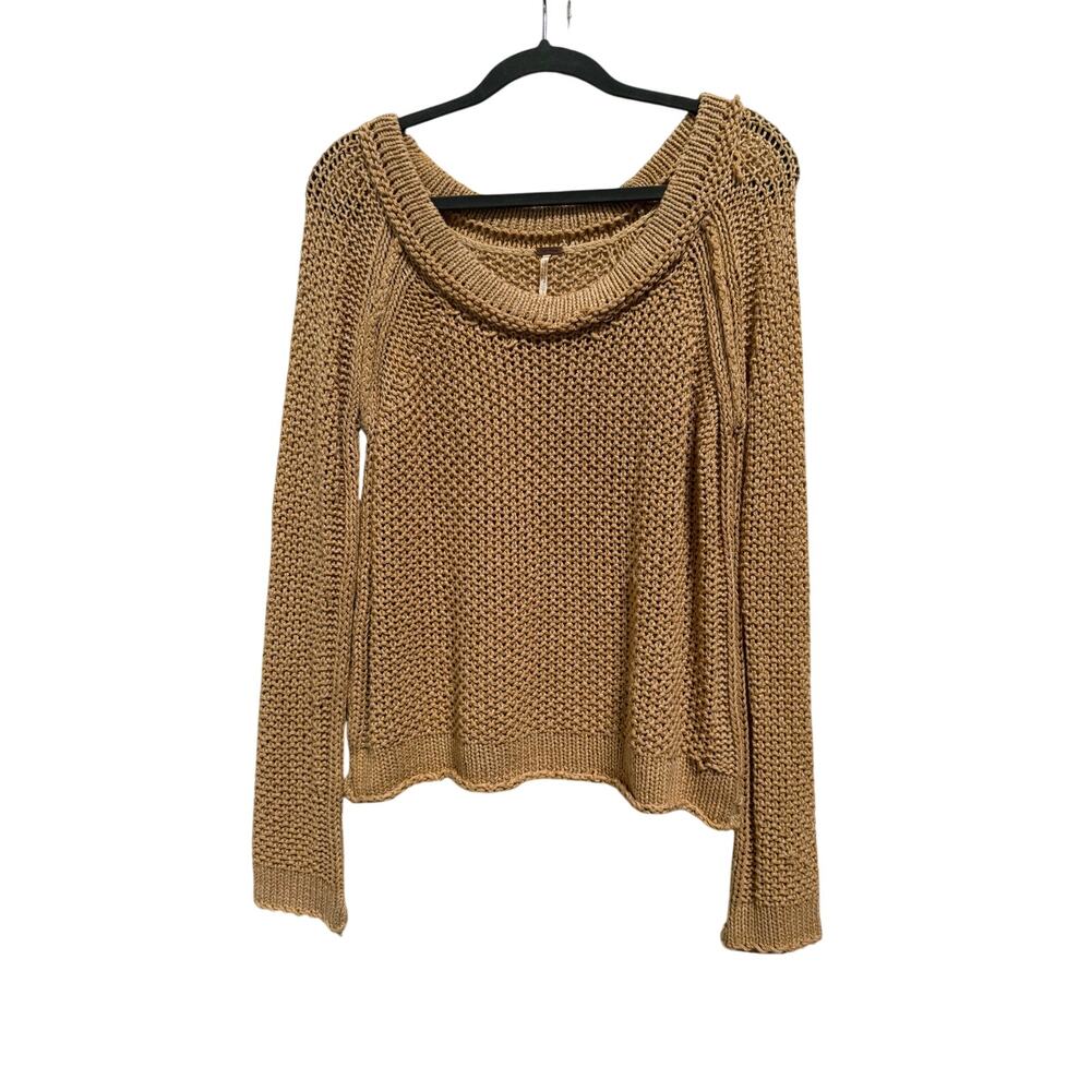 Free People Sweater Women's Small Open Knit Tan Brown Cotton Blend Oversized